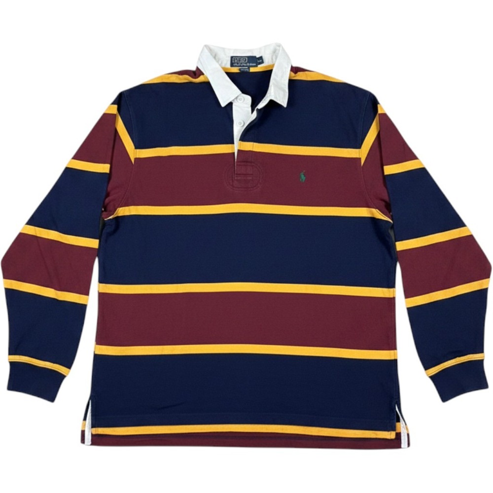 Polo Ralph Lauren Mens XXL Rugby Shirt Striped Navy Burgundy Yellow Long Sleeve